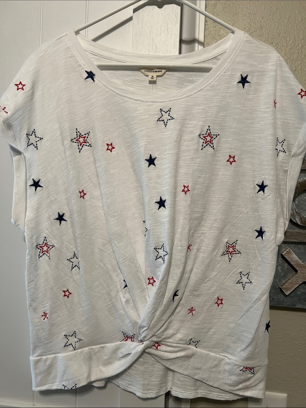 NWT Lucky Brand White Short-Sleeve Tee with Red & Navy Star Embroidery